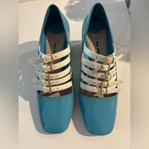 Miu Miu Blue and White Multi-Strap Heels